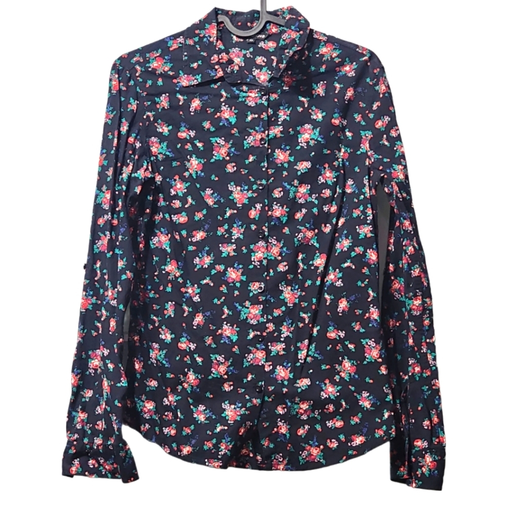 Terranova Floral Collared Cotton Long Sleeve Blouse